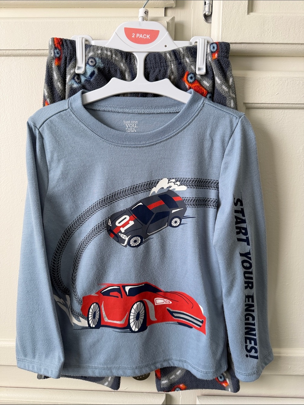 Carter's Light Blue Pajama Set with Red & Navy Race Cars